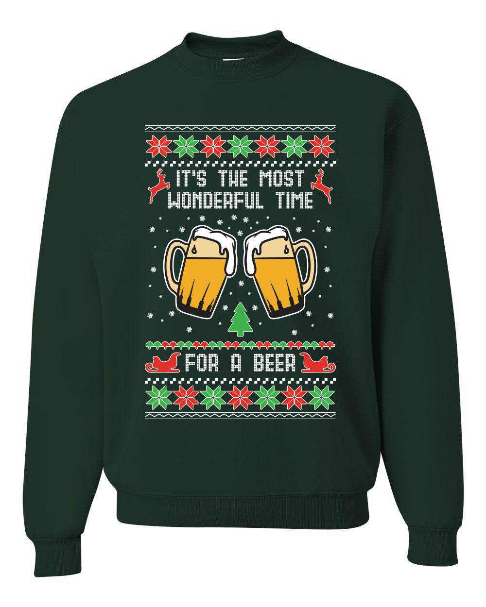 Men's Ugly Christmas Sweater Long Sleeve Shirt, "It's The Most Wonderful Time for a Beer" Ugly Christmas Sweater Unisex Crewneck Sweatshirt