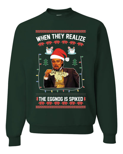 Unisex Graphic Ugly Christmas Crewneck Sweater Sweatshirt, Leo Laughing Dank Meme, When they Realize the Eggnog is Spiked  Ugly Christmas Sweater Unisex Crewneck Sweatshirt