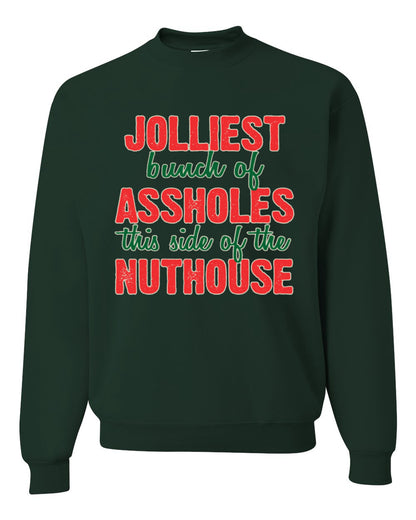Ugly Christmas Butcher Graphic Apron, Cooking BBQ Grilling Kitchen, "Jolliest Bunch of Assholes This Side of Nuthouse", Wild Bobby Ugly Christmas Sweater Unisex Crewneck Sweatshirt
