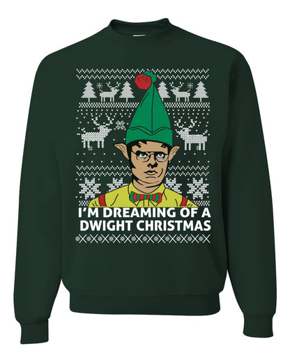 Funny Graphic Shirt Ugly Xmas Holiday Sweater Sweatshirt Women's The Office Schrute "I'm Dreaming of a Dwight Christmas" Wild Bobby Ugly Christmas Sweater Unisex Crewneck Sweatshirt