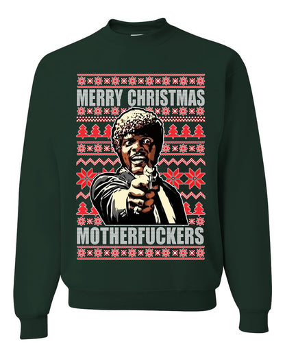 Unisex Graphic Ugly Xmas Sweater Crewneck Sweatshirt, Merry Christmas Motherfuckers Ugly Christmas Sweater Unisex Crewneck Sweatshirt