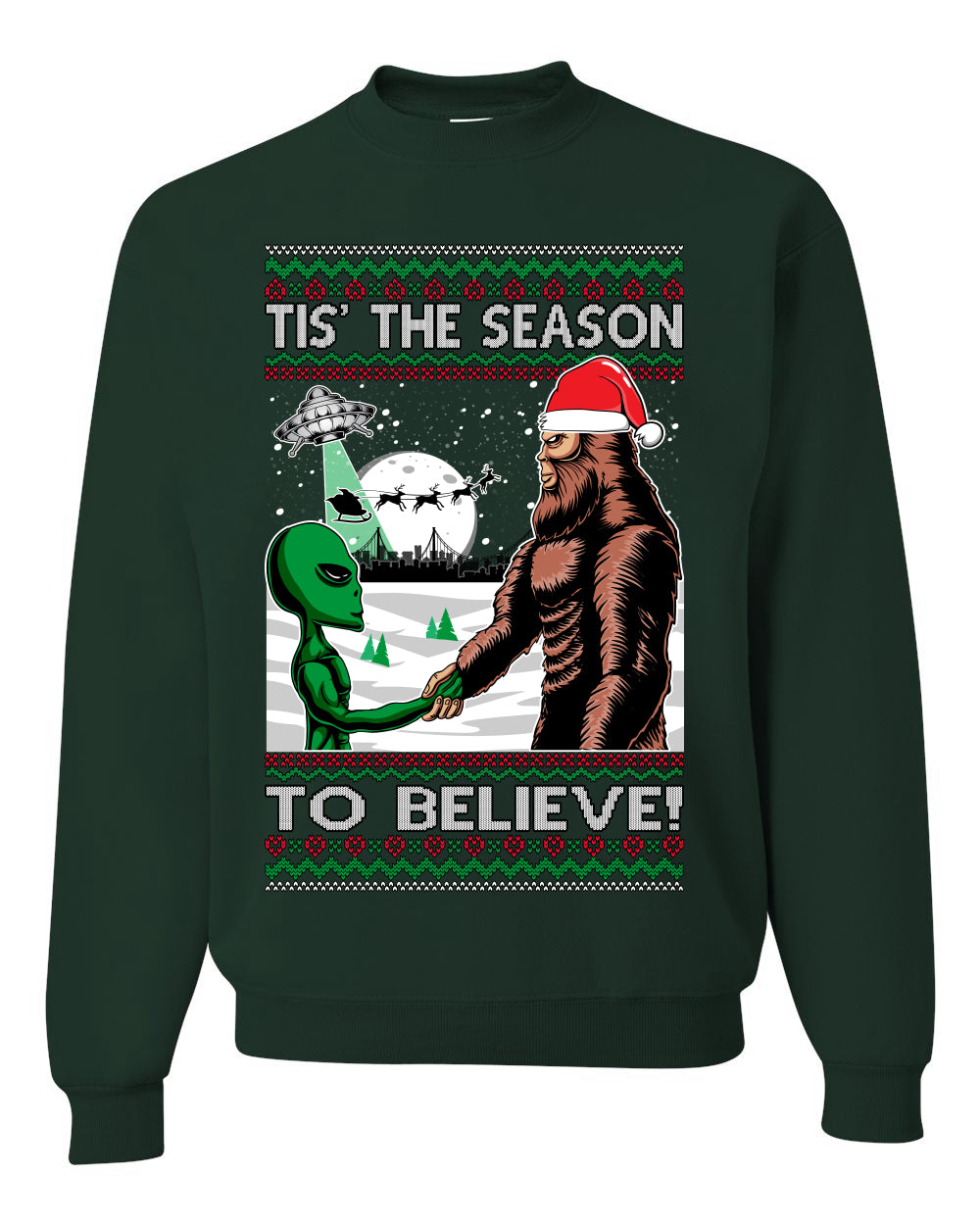 Ugly Unisex Crewneck Christmas Sweater "Bigfoot "Tis' The Season to Believe in Conspiracies, Aliens, and Ufo" Ugly Christmas Sweater Unisex Crewneck Sweatshirt