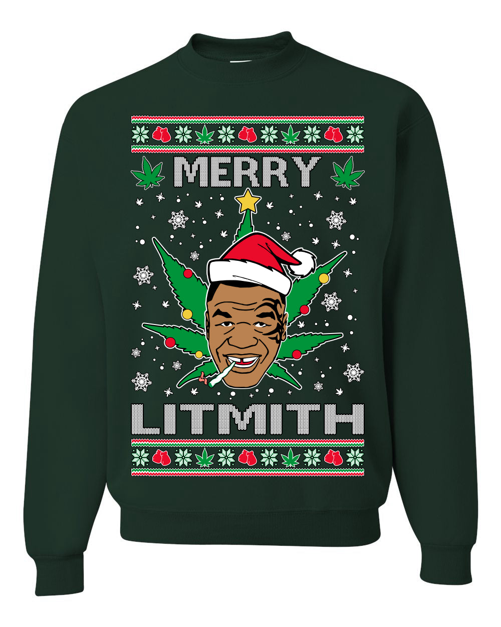 Unisex Ugly Xmas Crewneck Sweater Sweatshirt, Merry Lithmith Tyson, Joint Weed Pot Leaf Stoner Ugly Christmas Sweater Unisex Crewneck Sweatshirt