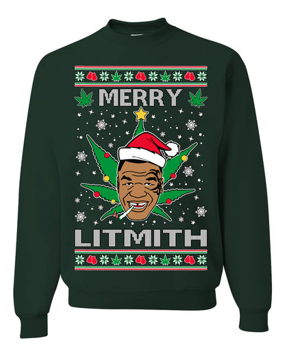 Unisex Ugly Xmas Crewneck Sweater Sweatshirt, Merry Lithmith Tyson, Joint Weed Pot Leaf Stoner Ugly Christmas Sweater Unisex Crewneck Sweatshirt