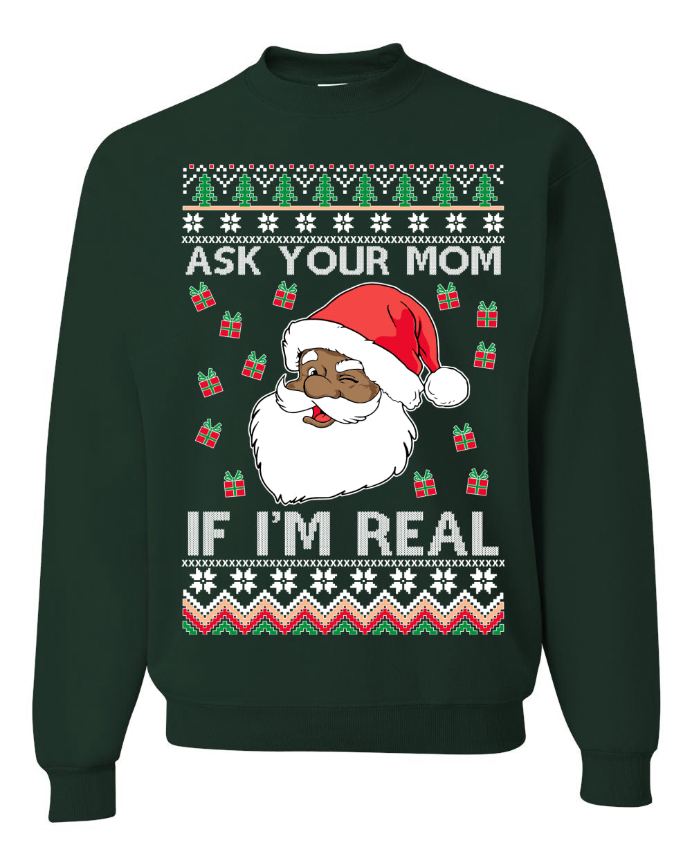 Graphic Ugly Xmas Holiday Sweater Sweatshirt Crewneck Unisex, Ask Your Mom If I'm Real, Black Santa Claus, Shark & Hammer Ugly Christmas Sweater Unisex Crewneck Sweatshirt