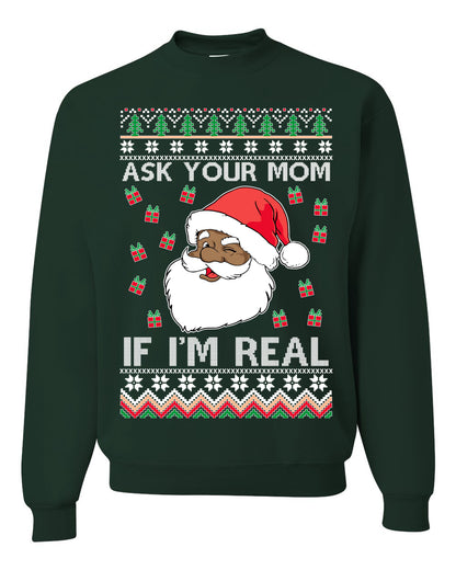 Graphic Ugly Xmas Holiday Sweater Sweatshirt Crewneck Unisex, Ask Your Mom If I'm Real, Black Santa Claus, Shark & Hammer Ugly Christmas Sweater Unisex Crewneck Sweatshirt