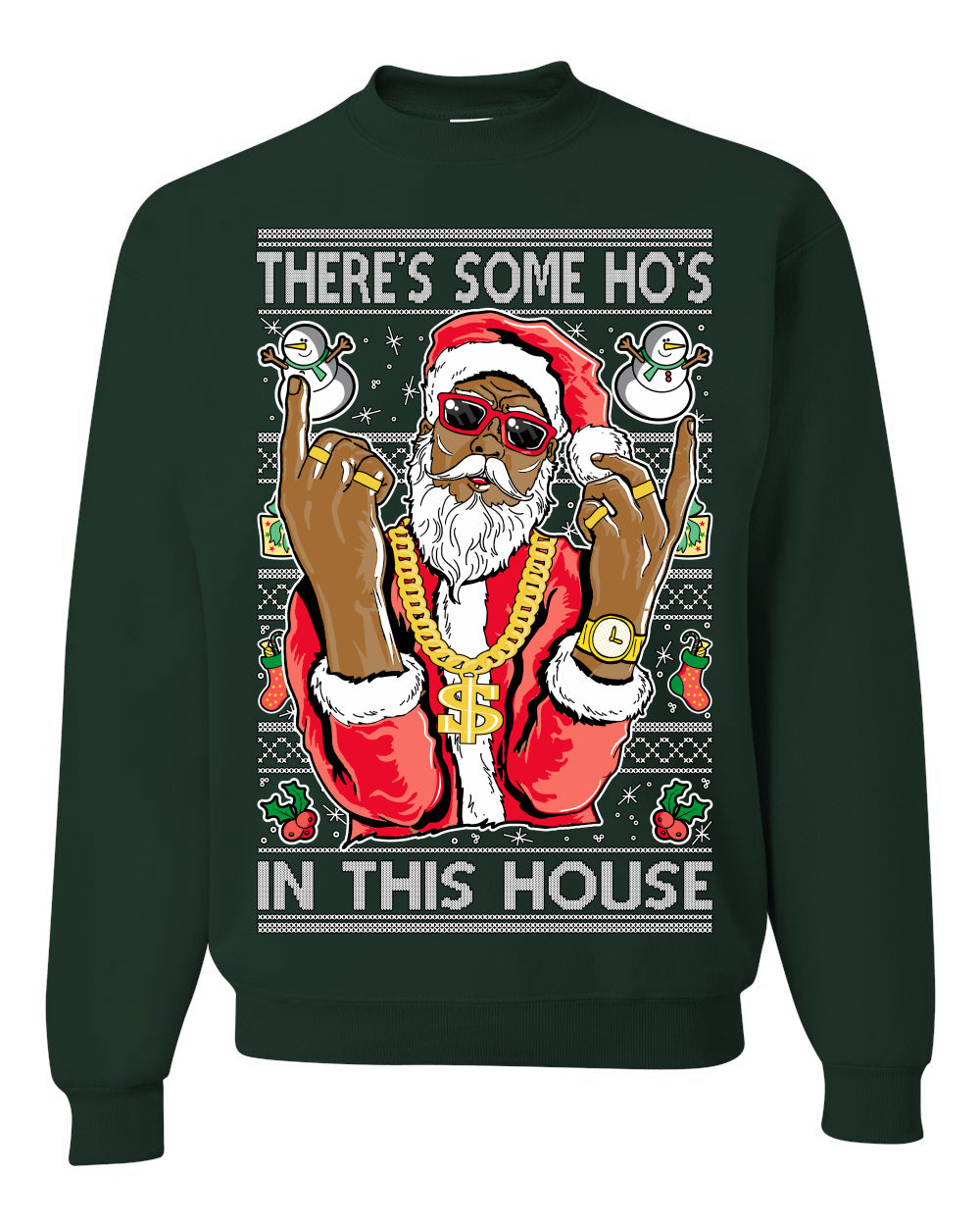 Crewneck Ugly Holiday Unisex Sweatshirt Sweater Graphic Black Santa Claus Gangster Bling Ho's In This House, Shark & Hammer Ugly Christmas Sweater Unisex Crewneck Sweatshirt