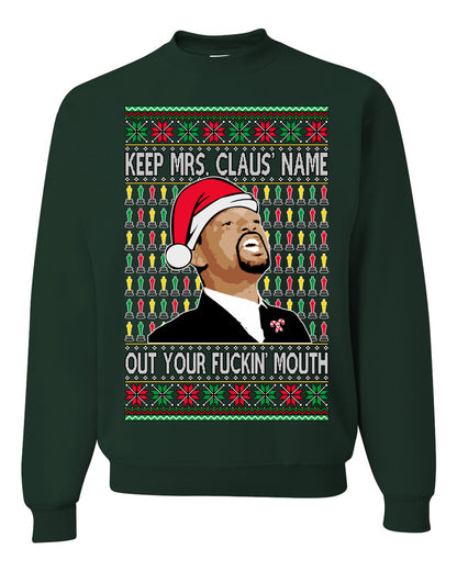 Will Smith Slapping Chris Rock Meme "Get Mrs Claus' Name Out of Your Mouth" Shark & Hammer, Graphic Unisex Ugly Xmas Sweater Sweatshirt Ugly Christmas Sweater Unisex Crewneck Sweatshirt