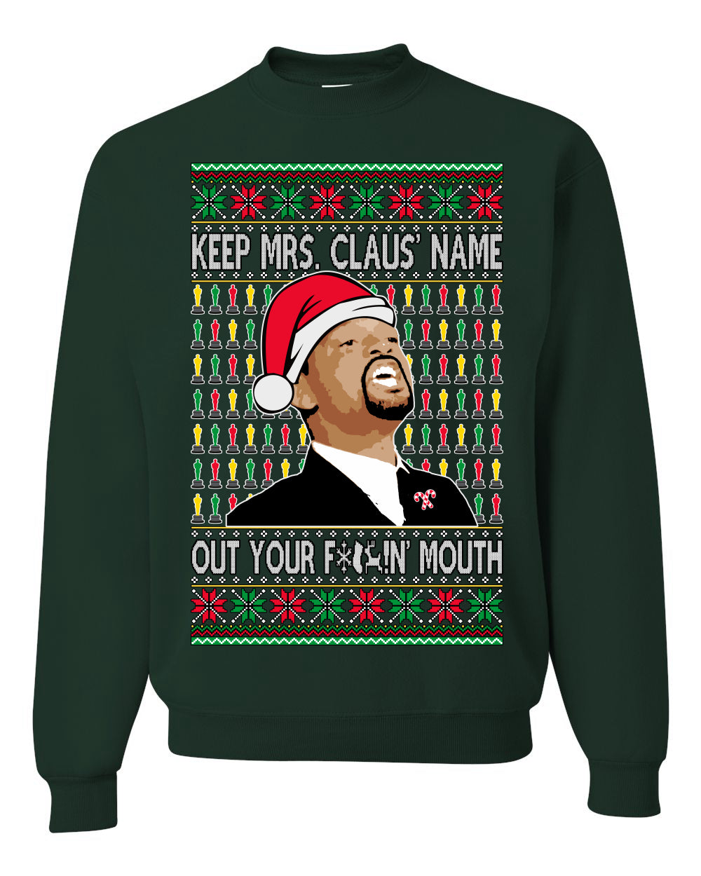 Unisex Ugly Xmas Graphic Crewneck Sweater Sweatshirt Will Smith Slaps Chris Rock Meme Mrs Claus' Name Out Your Mouth Shark & Hammer Ugly Christmas Sweater Unisex Crewneck Sweatshirt