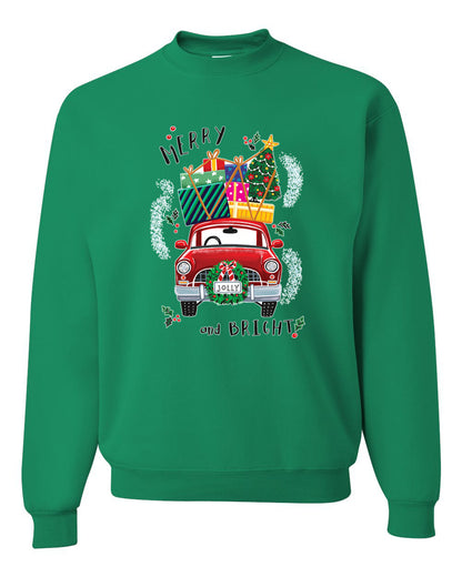Men's Christmas Long Sleeve Shirt, Merry and Bright Red Car Ugly Christmas Sweater Unisex Crewneck Sweatshirt