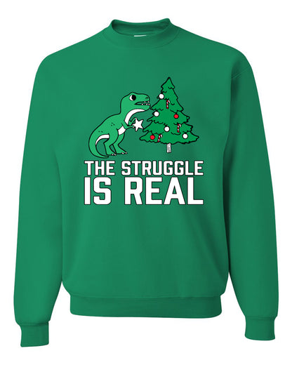 Women's Ugly Christmas Sweater, The Struggle is Real, Christmas T-Rex, Long Sleeve Scoop Top Ugly Christmas Sweater Unisex Crewneck Sweatshirt