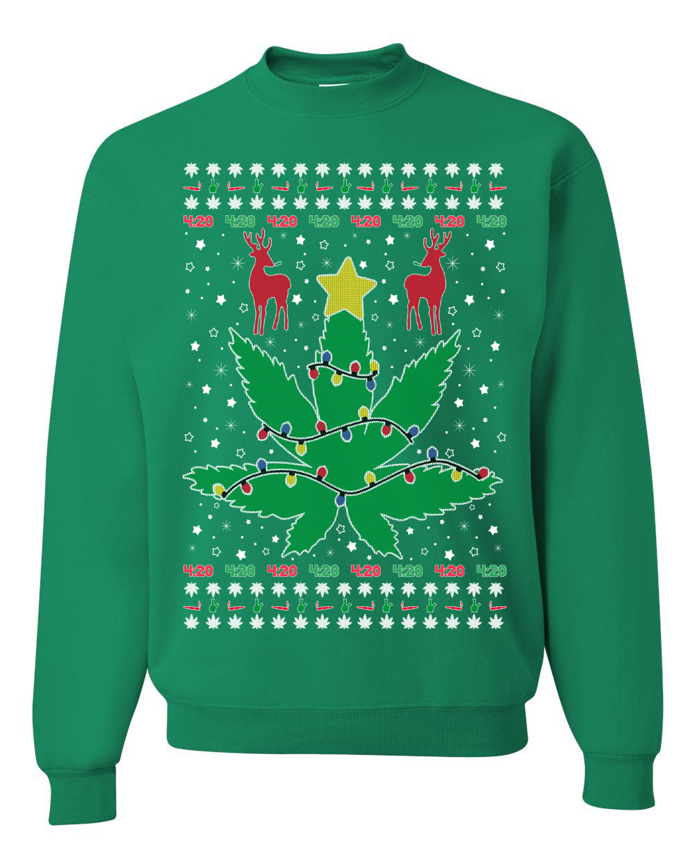 Crewneck Graphic Ugly Holiday Unisex Sweater Sweatshirt Christmas Lights, Deer Marijuana Lit Leaf Weed Pot  Ugly Christmas Sweater Unisex Crewneck Sweatshirt