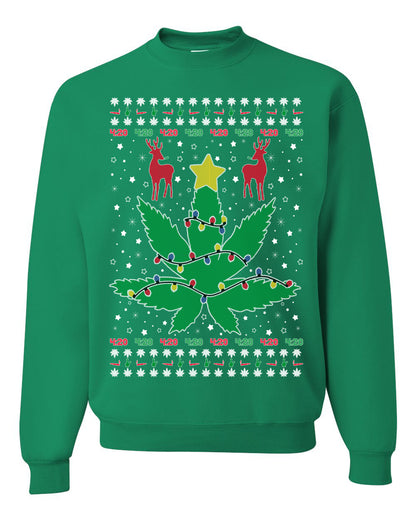 Crewneck Graphic Ugly Holiday Unisex Sweater Sweatshirt Christmas Lights, Deer Marijuana Lit Leaf Weed Pot  Ugly Christmas Sweater Unisex Crewneck Sweatshirt