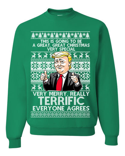 Unisex Funny Donald Trump Ugly Xmas Holiday Sweater Sweatshirt Great Terrific Merry Christmas Ugly Christmas Sweater Unisex Crewneck Sweatshirt