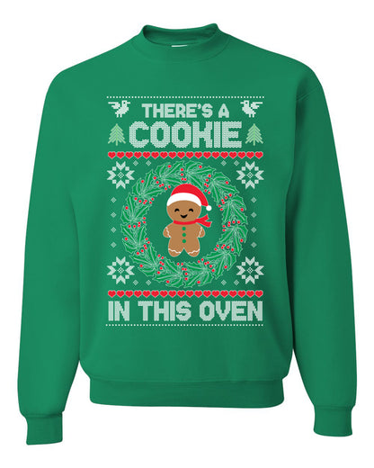 Women's Ugly Christmas  Sweater "Theres a Cookie in this Oven" Pregnancy Announcement Long Sleeve T-Shirt Ugly Christmas Sweater Unisex Crewneck Sweatshirt