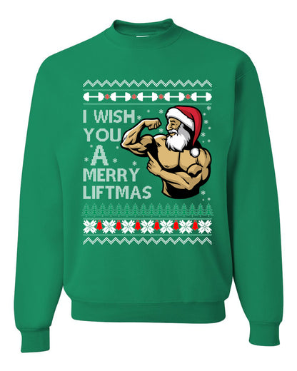 Group 3 Design Unisex Ugly Xmas Sweater Crewneck Graphic, Santa Fitness Workout, Merry Liftmas, Gym Swole Gift Ugly Christmas Sweater Unisex Crewneck Sweatshirt