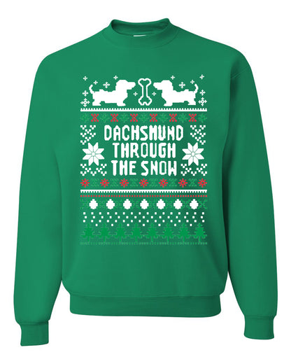 Graphic Daschund Through The Snow Christmas Wild Bobby Ugly Christmas Butcher Apron BBQ Grilling, Kitchen Cooking Ugly Christmas Sweater Unisex Crewneck Sweatshirt