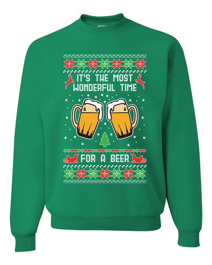 Men's Ugly Christmas Sweater Long Sleeve Shirt, "It's The Most Wonderful Time for a Beer" Ugly Christmas Sweater Unisex Crewneck Sweatshirt