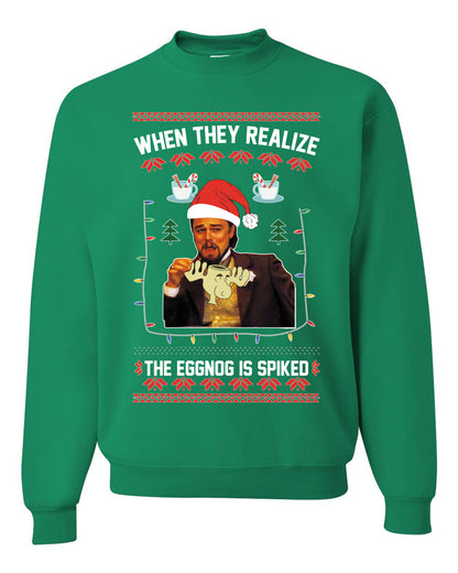 Unisex Graphic Ugly Christmas Crewneck Sweater Sweatshirt, Leo Laughing Dank Meme, When they Realize the Eggnog is Spiked  Ugly Christmas Sweater Unisex Crewneck Sweatshirt