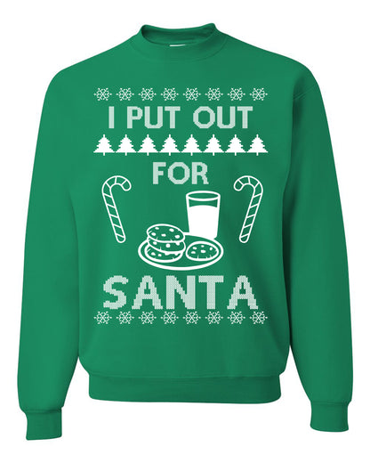 Funny Adult Men's Ugly Holiday Xmas Sweater, "I Put Out for Santa", Milk Cookies Candy Ugly Christmas Sweater Unisex Crewneck Sweatshirt