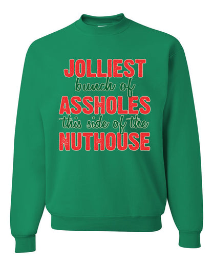 Ugly Christmas Butcher Graphic Apron, Cooking BBQ Grilling Kitchen, "Jolliest Bunch of Assholes This Side of Nuthouse", Wild Bobby Ugly Christmas Sweater Unisex Crewneck Sweatshirt
