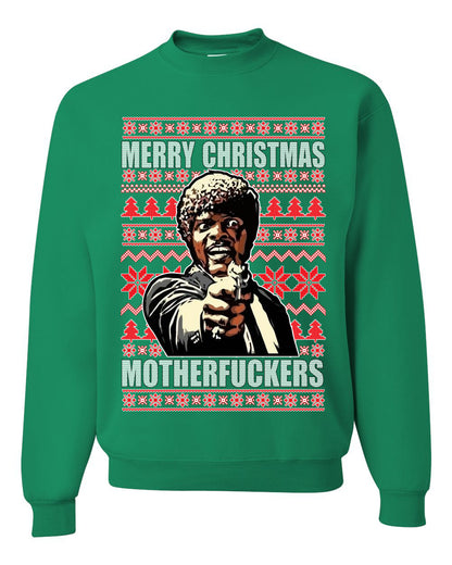 Unisex Graphic Ugly Xmas Sweater Crewneck Sweatshirt, Merry Christmas Motherfuckers Ugly Christmas Sweater Unisex Crewneck Sweatshirt