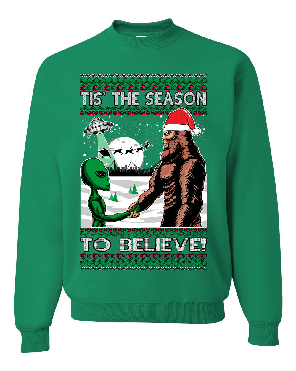 Ugly Unisex Crewneck Christmas Sweater "Bigfoot "Tis' The Season to Believe in Conspiracies, Aliens, and Ufo" Ugly Christmas Sweater Unisex Crewneck Sweatshirt