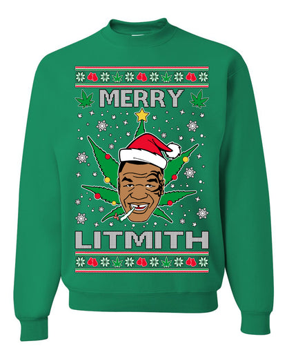 Unisex Ugly Xmas Crewneck Sweater Sweatshirt, Merry Lithmith Tyson, Joint Weed Pot Leaf Stoner Ugly Christmas Sweater Unisex Crewneck Sweatshirt