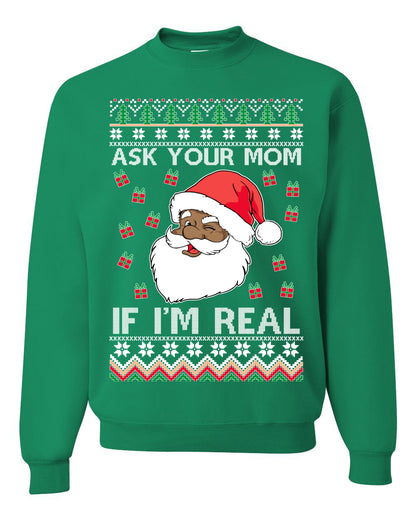 Graphic Ugly Xmas Holiday Sweater Sweatshirt Crewneck Unisex, Ask Your Mom If I'm Real, Black Santa Claus, Shark & Hammer Ugly Christmas Sweater Unisex Crewneck Sweatshirt
