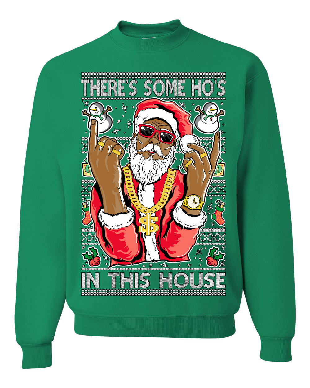 Crewneck Ugly Holiday Unisex Sweatshirt Sweater Graphic Black Santa Claus Gangster Bling Ho's In This House, Shark & Hammer Ugly Christmas Sweater Unisex Crewneck Sweatshirt