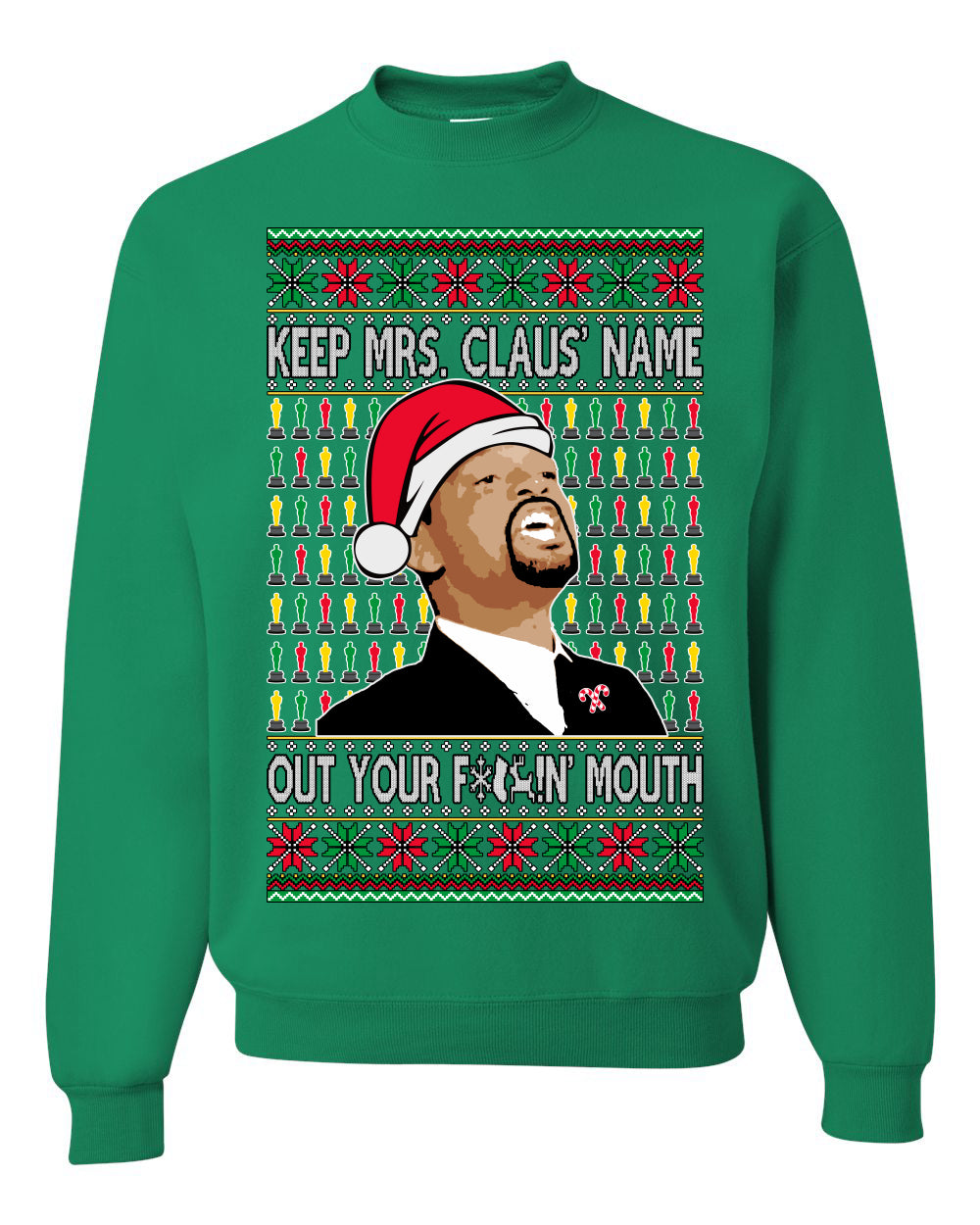 Unisex Ugly Xmas Graphic Crewneck Sweater Sweatshirt Will Smith Slaps Chris Rock Meme Mrs Claus' Name Out Your Mouth Shark & Hammer Ugly Christmas Sweater Unisex Crewneck Sweatshirt