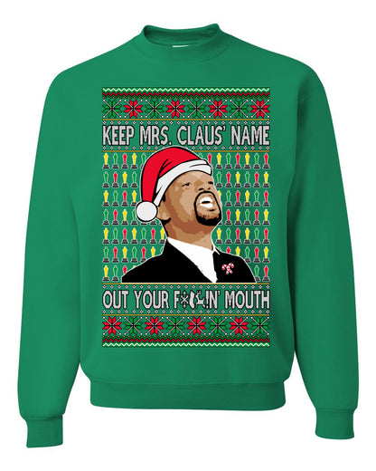 Unisex Ugly Xmas Graphic Crewneck Sweater Sweatshirt Will Smith Slaps Chris Rock Meme Mrs Claus' Name Out Your Mouth Shark & Hammer Ugly Christmas Sweater Unisex Crewneck Sweatshirt