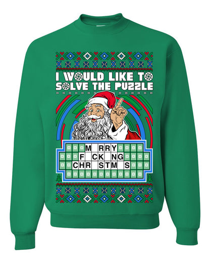 Santa Game Show I'd Like To Solve the Puzzle Wheel Ugly Christmas Sweater, Christmas Gifts, Funny Xmas Gift Idea, Unisex Crewneck Sweatshirt