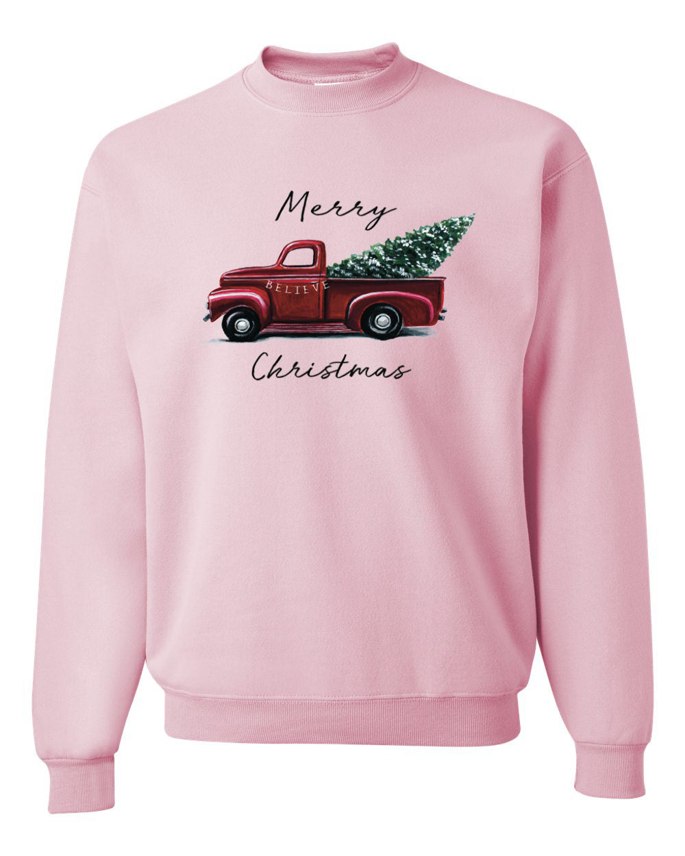 Men's Graphic Shirt, Red Pick Up Truck, Merry Christmas Ugly Christmas Sweater Unisex Crewneck Sweatshirt