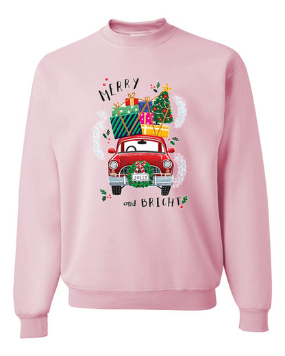 Men's Christmas Long Sleeve Shirt, Merry and Bright Red Car Ugly Christmas Sweater Unisex Crewneck Sweatshirt
