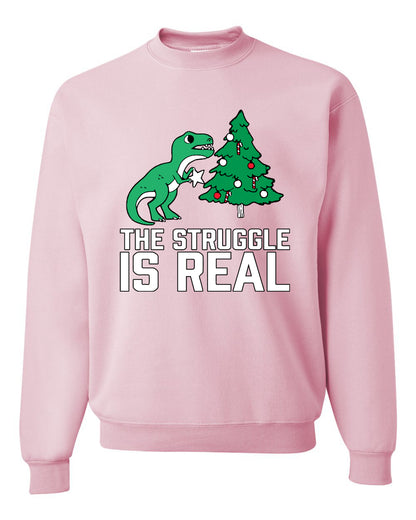 Women's Ugly Christmas Sweater, The Struggle is Real, Christmas T-Rex, Long Sleeve Scoop Top Ugly Christmas Sweater Unisex Crewneck Sweatshirt