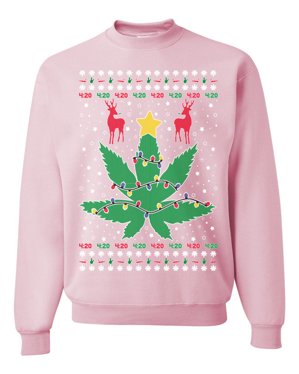 Crewneck Graphic Ugly Holiday Unisex Sweater Sweatshirt Christmas Lights, Deer Marijuana Lit Leaf Weed Pot  Ugly Christmas Sweater Unisex Crewneck Sweatshirt