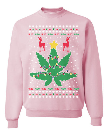 Crewneck Graphic Ugly Holiday Unisex Sweater Sweatshirt Christmas Lights, Deer Marijuana Lit Leaf Weed Pot  Ugly Christmas Sweater Unisex Crewneck Sweatshirt