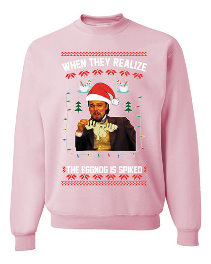 Unisex Graphic Ugly Christmas Crewneck Sweater Sweatshirt, Leo Laughing Dank Meme, When they Realize the Eggnog is Spiked  Ugly Christmas Sweater Unisex Crewneck Sweatshirt