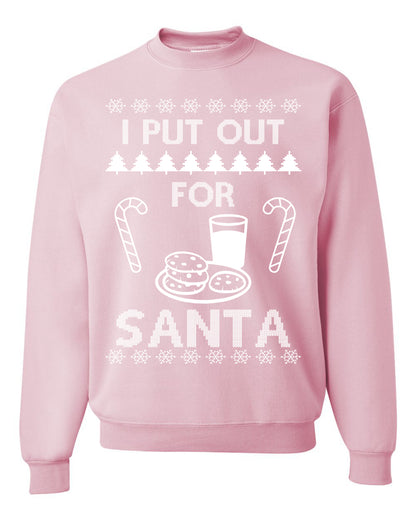 Funny Adult Men's Ugly Holiday Xmas Sweater, "I Put Out for Santa", Milk Cookies Candy Ugly Christmas Sweater Unisex Crewneck Sweatshirt