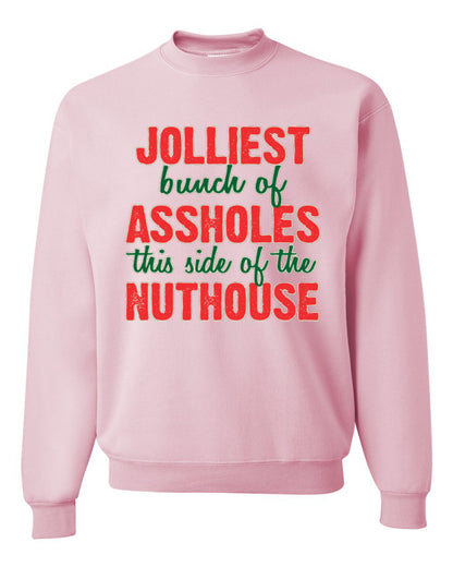 Ugly Christmas Butcher Graphic Apron, Cooking BBQ Grilling Kitchen, "Jolliest Bunch of Assholes This Side of Nuthouse", Wild Bobby Ugly Christmas Sweater Unisex Crewneck Sweatshirt