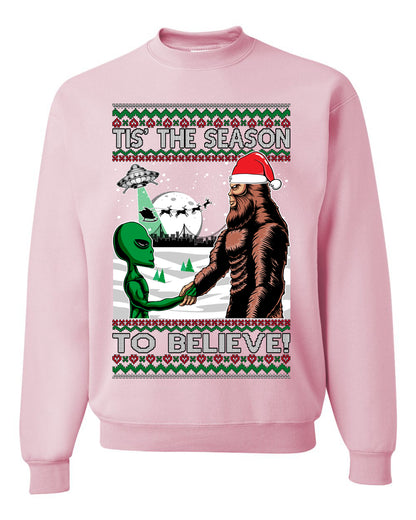 Ugly Unisex Crewneck Christmas Sweater "Bigfoot "Tis' The Season to Believe in Conspiracies, Aliens, and Ufo" Ugly Christmas Sweater Unisex Crewneck Sweatshirt