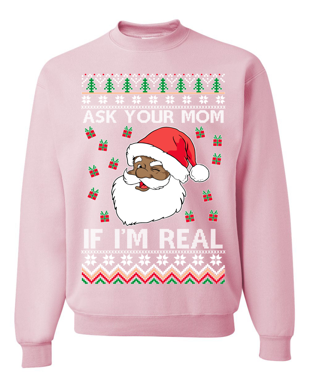 Graphic Ugly Xmas Holiday Sweater Sweatshirt Crewneck Unisex, Ask Your Mom If I'm Real, Black Santa Claus, Shark & Hammer Ugly Christmas Sweater Unisex Crewneck Sweatshirt