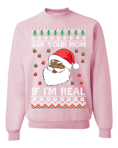 Graphic Ugly Xmas Holiday Sweater Sweatshirt Crewneck Unisex, Ask Your Mom If I'm Real, Black Santa Claus, Shark & Hammer Ugly Christmas Sweater Unisex Crewneck Sweatshirt