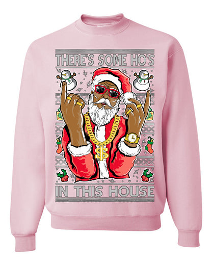 Crewneck Ugly Holiday Unisex Sweatshirt Sweater Graphic Black Santa Claus Gangster Bling Ho's In This House, Shark & Hammer Ugly Christmas Sweater Unisex Crewneck Sweatshirt