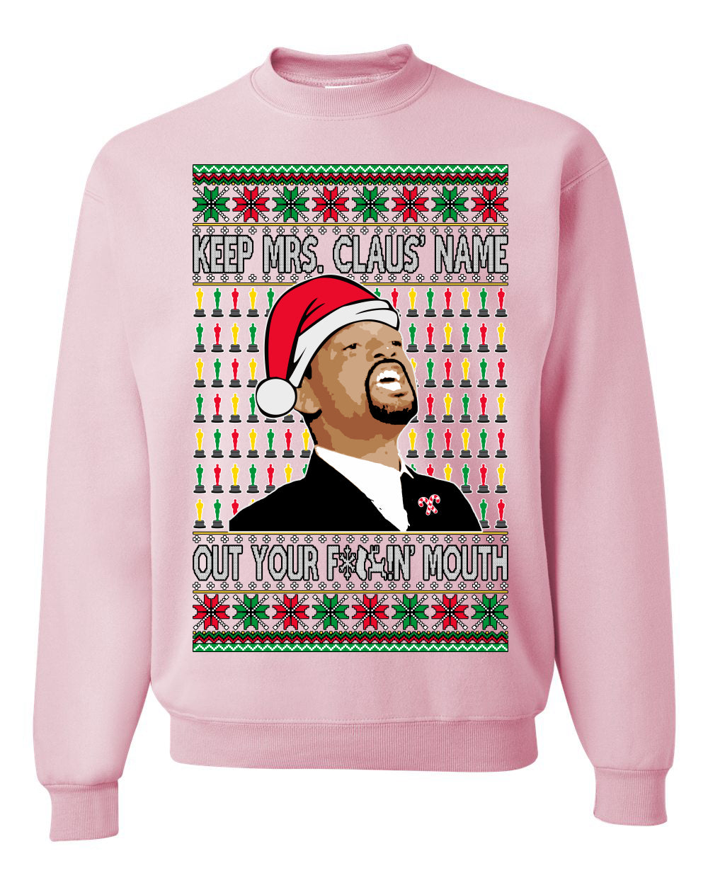 Unisex Ugly Xmas Graphic Crewneck Sweater Sweatshirt Will Smith Slaps Chris Rock Meme Mrs Claus' Name Out Your Mouth Shark & Hammer Ugly Christmas Sweater Unisex Crewneck Sweatshirt