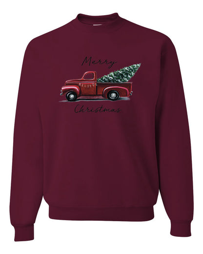 Men's Graphic Shirt, Red Pick Up Truck, Merry Christmas Ugly Christmas Sweater Unisex Crewneck Sweatshirt