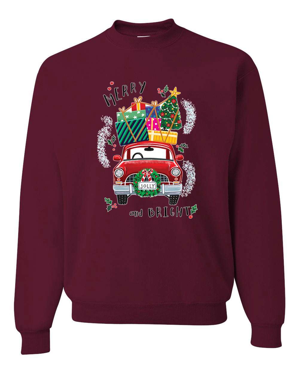 Men's Christmas Long Sleeve Shirt, Merry and Bright Red Car Ugly Christmas Sweater Unisex Crewneck Sweatshirt