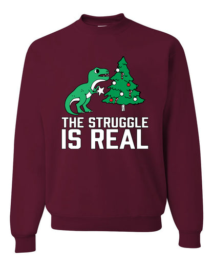 Women's Ugly Christmas Sweater, The Struggle is Real, Christmas T-Rex, Long Sleeve Scoop Top Ugly Christmas Sweater Unisex Crewneck Sweatshirt