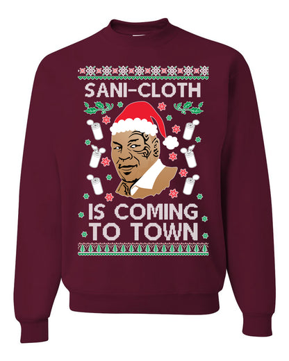 Premium Ugly Xmas Sweater Sweatshirt Graphic Hoodie, Mike Tyson, Sani Cloth is Coming to Town, Wild Bobby Ugly Christmas Sweater Unisex Crewneck Sweatshirt